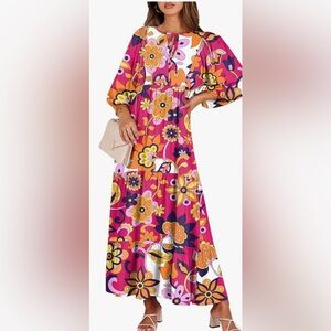 NWT Women’s Anrabess Retro Floral Puff Sleeve Boho Flowy Maxi Dress — Size Small